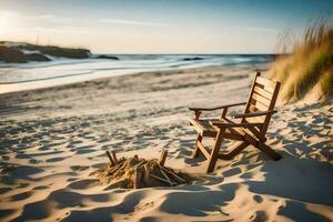 a chair sits on the sand near the ocean. AI-Generated photo