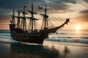 a pirate ship is sailing on the ocean at sunset. AI-Generated photo