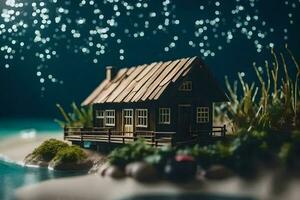 un miniatura casa en el playa con estrellas en el cielo. generado por ai foto