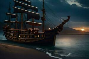 un pirata Embarcacion es en el playa a noche. generado por ai foto
