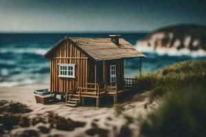 minúsculo casa en el playa. generado por ai foto