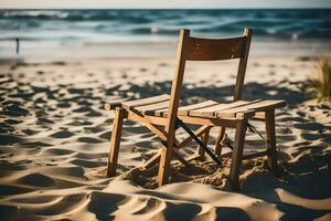 a chair sits on the sand at the beach. AI-Generated photo