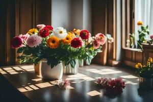 flowers in vases on a table in front of a window. AI-Generated photo