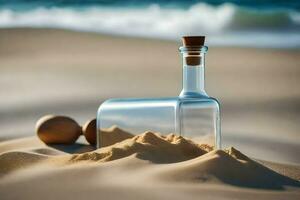 message in a bottle on the beach. AI-Generated photo