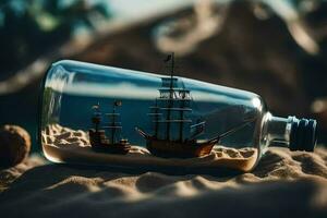 a bottle with a ship inside of it on a beach. AI-Generated photo