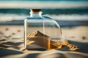 arena en un botella en el playa. generado por ai foto