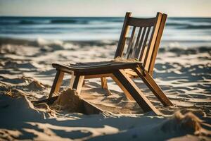 un silla se sienta en el arena en el océano. generado por ai foto