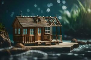 a miniature wooden house on a small island. AI-Generated photo