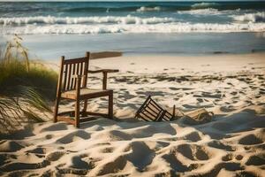 a chair and a broken chair on the beach. AI-Generated photo