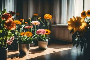 flowers in pots on a wooden floor. AI-Generated photo