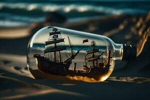 a bottle with a ship inside of it on the beach. AI-Generated photo