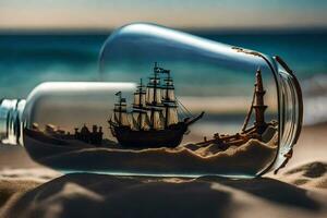 a ship in a bottle on the beach. AI-Generated photo