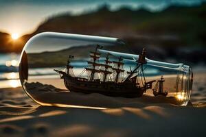 a ship in a bottle on the beach. AI-Generated photo