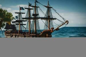 a model pirate ship is on the beach. AI-Generated photo