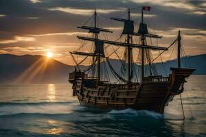 a wooden ship sailing in the ocean at sunset. AI-Generated photo