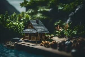 a miniature house on a small island surrounded by rocks. AI-Generated photo