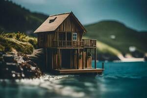 a miniature house on the shore of the ocean. AI-Generated photo