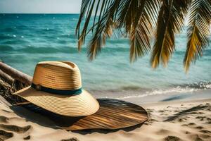 un Paja sombrero en el playa. generado por ai foto