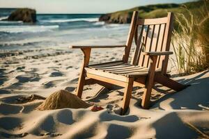 un de madera silla se sienta en el playa cerca el océano. generado por ai foto