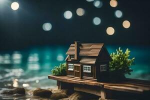 a miniature house on a pier by the ocean. AI-Generated photo