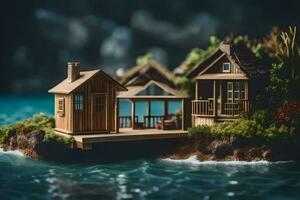 miniatura casas en un pequeño isla en el océano. generado por ai foto