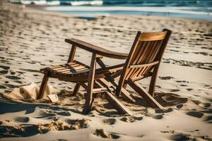 un de madera silla se sienta en el playa cerca el océano. generado por ai foto