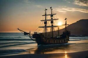 a pirate ship on the beach at sunset. AI-Generated photo