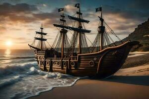 a pirate ship on the beach at sunset. AI-Generated photo