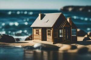 a miniature house on the beach with rocks and water. AI-Generated photo