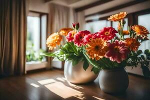 flowers in a vase on a wooden floor. AI-Generated photo