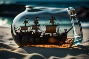 a glass fish bowl with a ship inside. AI-Generated photo