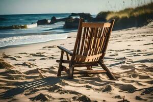 a wooden chair sits on the beach near the ocean. AI-Generated photo