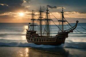 a pirate ship in the ocean at sunset. AI-Generated photo