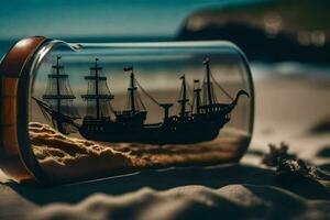 a ship in a bottle on the beach. AI-Generated photo