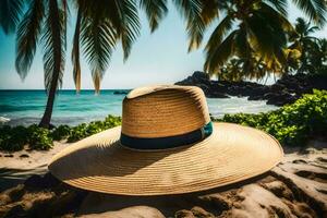 a hat on the beach with palm trees. AI-Generated photo