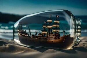 a ship in a bottle on the beach. AI-Generated photo