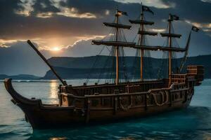 a pirate ship in the ocean at sunset. AI-Generated photo