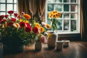 flores en floreros en un de madera piso cerca un ventana. generado por ai foto