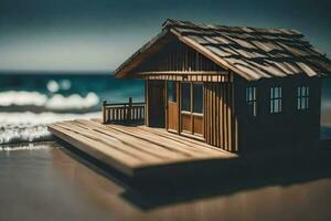 un miniatura de madera casa en el playa. generado por ai foto