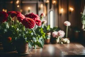 rojo flores en ollas en un mesa en frente de un ventana. generado por ai foto