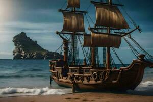 a pirate ship on the beach. AI-Generated photo