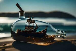 a ship in a bottle on the beach. AI-Generated photo