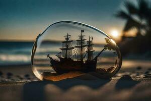 a ship in a bottle on the beach. AI-Generated photo