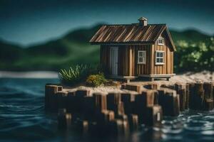 un pequeño de madera casa en un pequeño isla. generado por ai foto