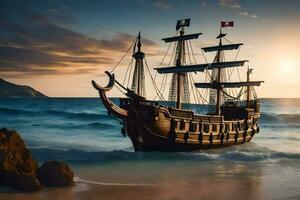 a pirate ship is on the beach at sunset. AI-Generated photo