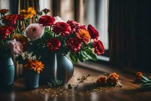 flowers in vases on a table. AI-Generated photo