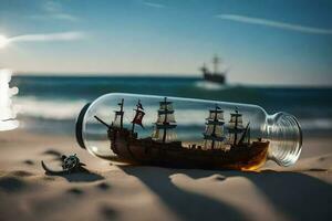 a ship in a bottle on the beach. AI-Generated photo