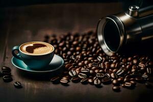 coffee beans and a coffee pot on a dark wooden table. AI-Generated photo