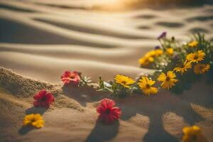 flowers in the sand at sunset. AI-Generated photo