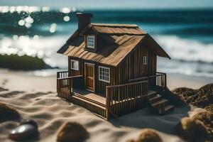 a miniature wooden house on the beach. AI-Generated photo